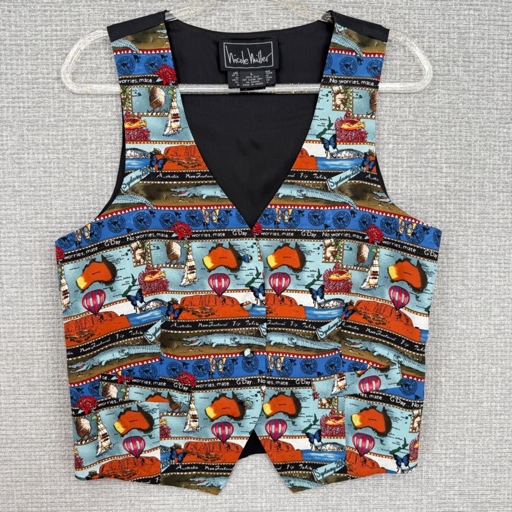 Nicole Miller Australia‎ Map Hot Air Balloon Silk Vest Women's Size L